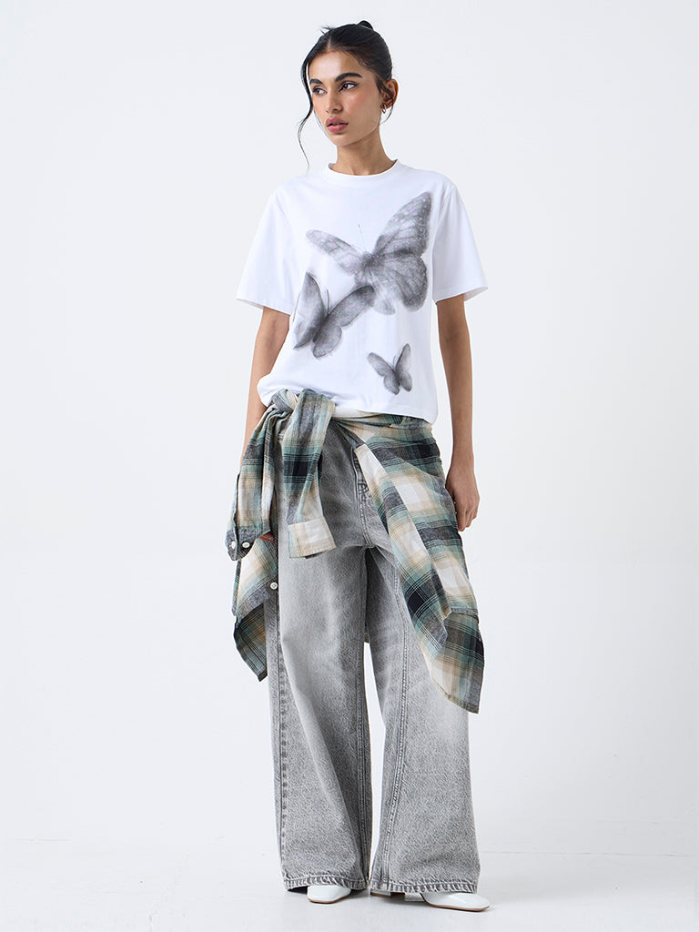 Nuon White Butterfly Printed Cotton T-Shirt