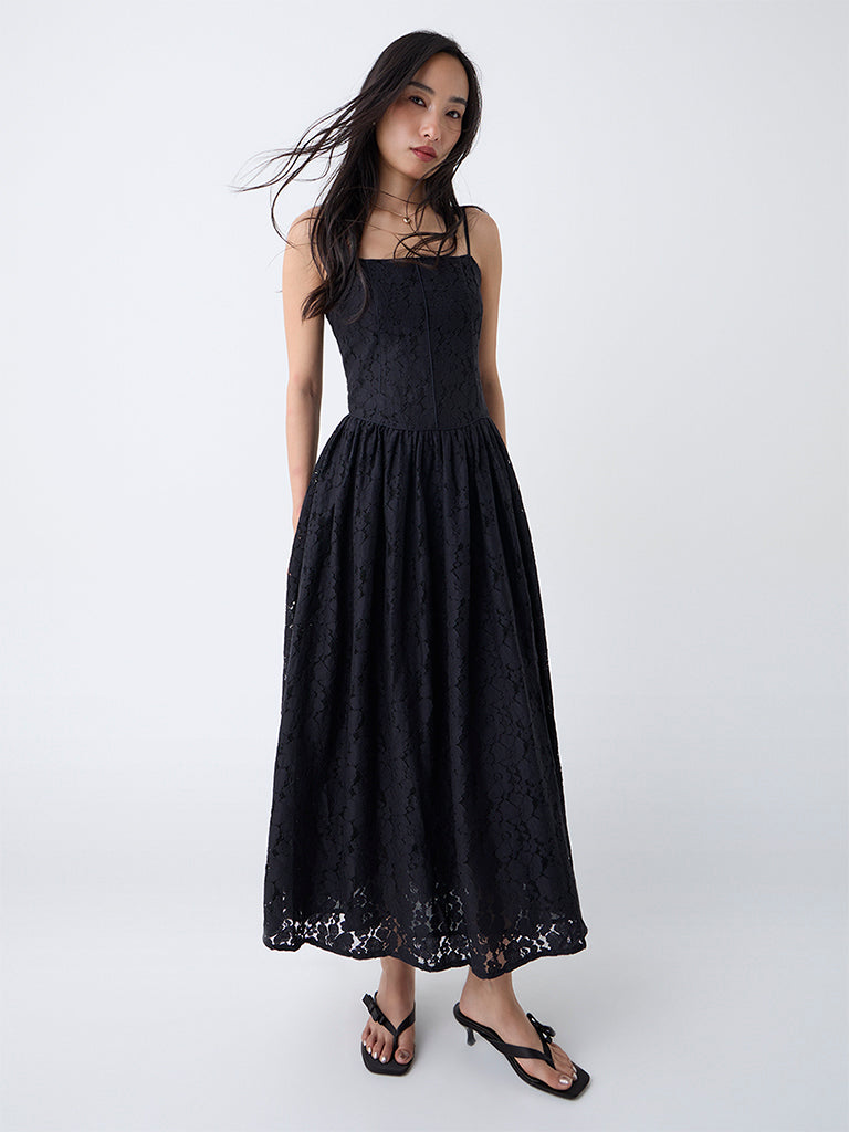 LOV Black Lace Detailed Cotton A-Line Dress