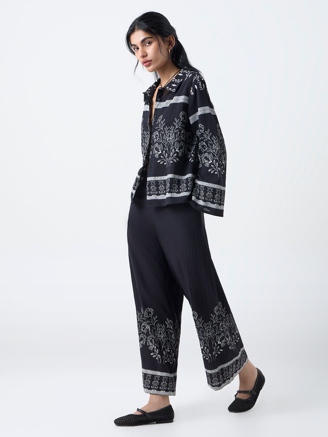 Bombay Paisley Black Floral Pattern Cotton Shirt