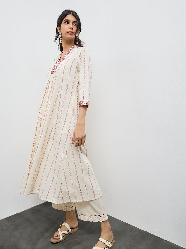 Utsa Off-White Printed Cotton A-Line Kurta
