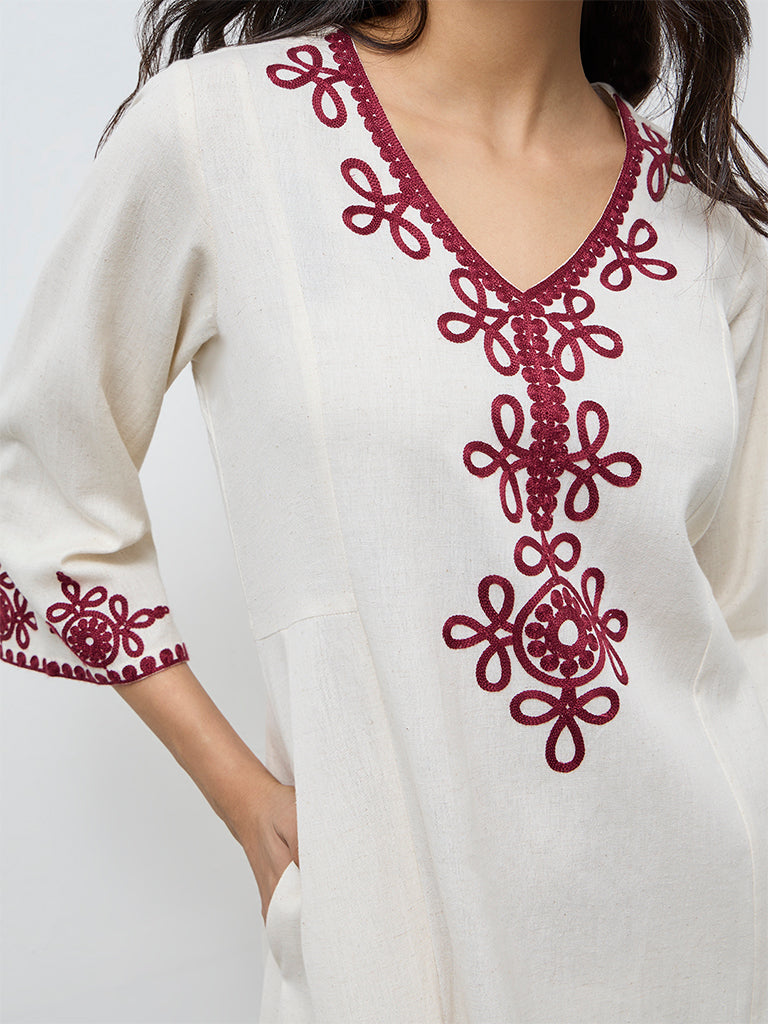 Utsa Light Beige Embroidered Cotton-Blend A-Line Kurta