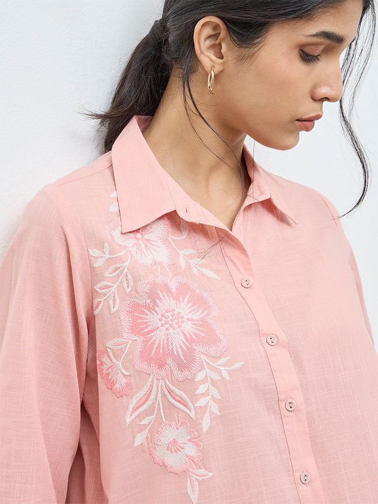 Utsa Coral Floral Embroidered Cotton Tunic