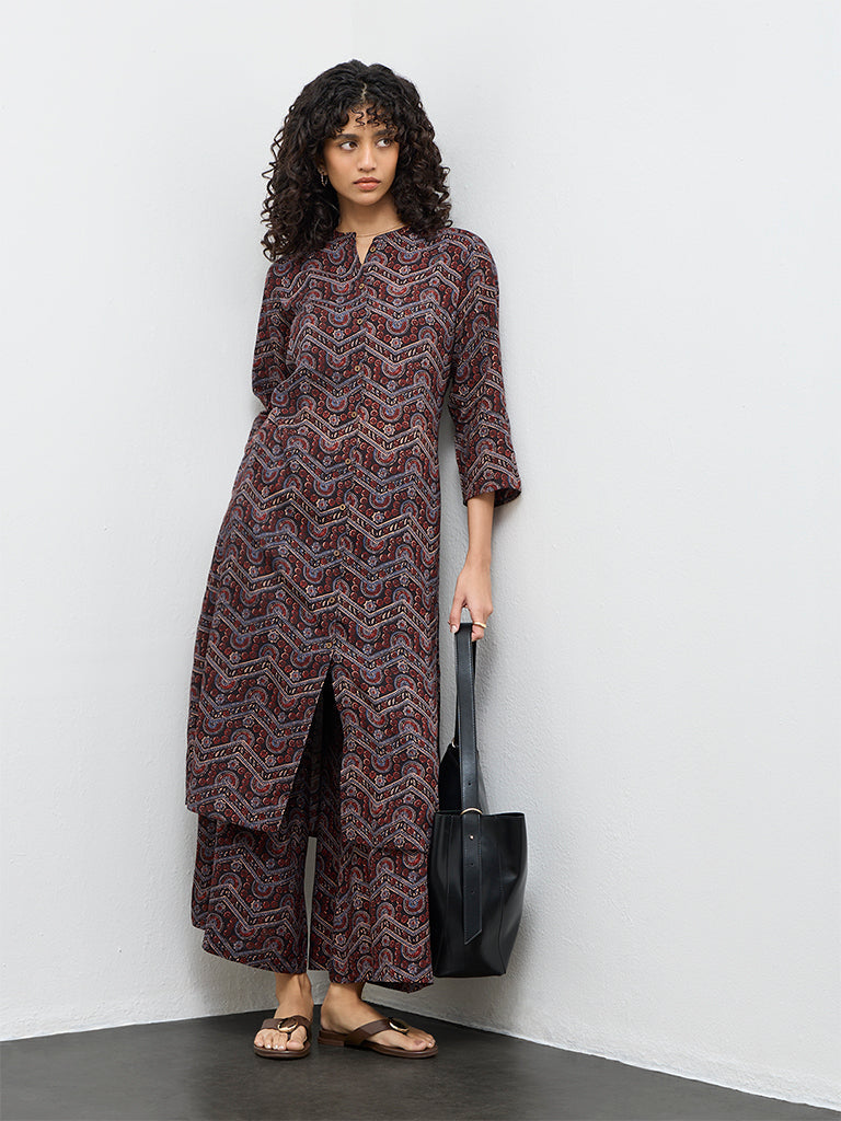 Utsa Black Chevron Printed A-Line Kurta
