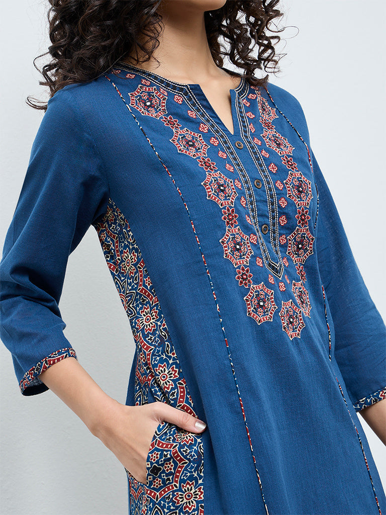Utsa Dark Blue Embroidered Cotton A-Line Kurta