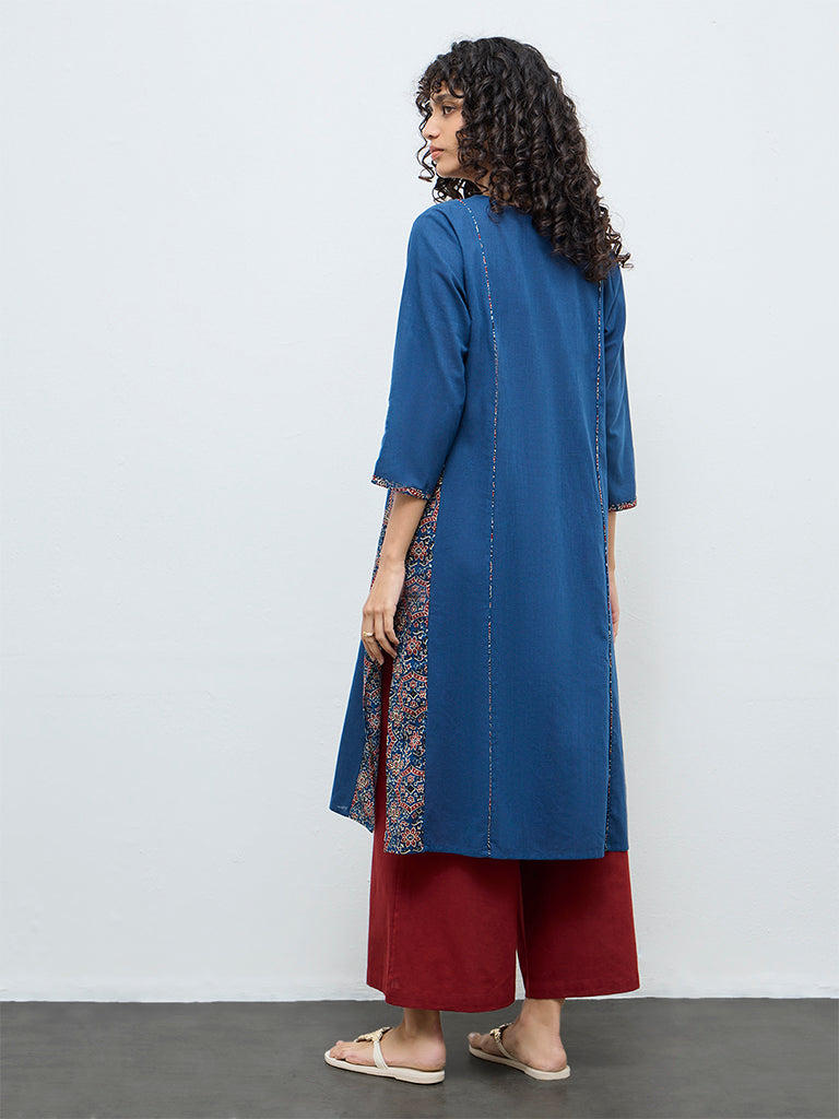 Utsa Dark Blue Embroidered Cotton A-Line Kurta
