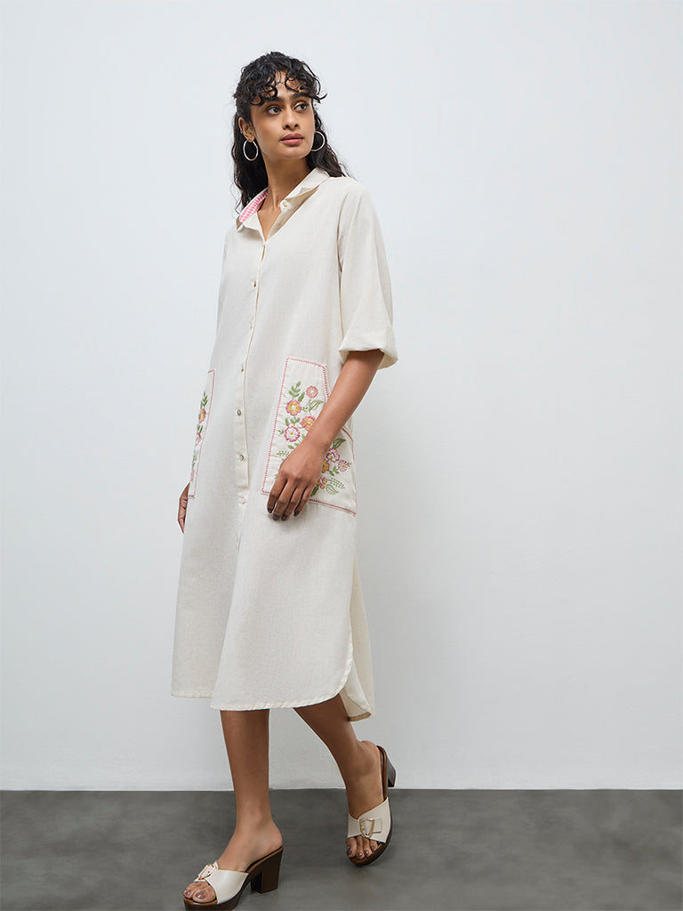 Utsa Off-White Floral Embroidered Cotton-Blend Shirt Dress