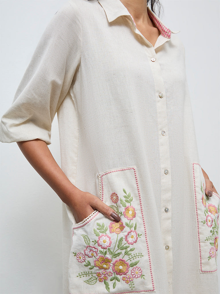 Utsa Off-White Floral Embroidered Cotton-Blend Shirt Dress