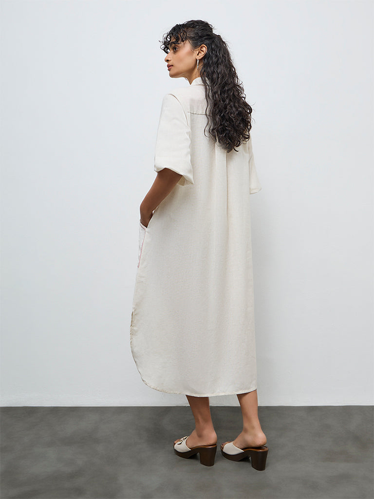 Utsa Off-White Floral Embroidered Cotton-Blend Shirt Dress