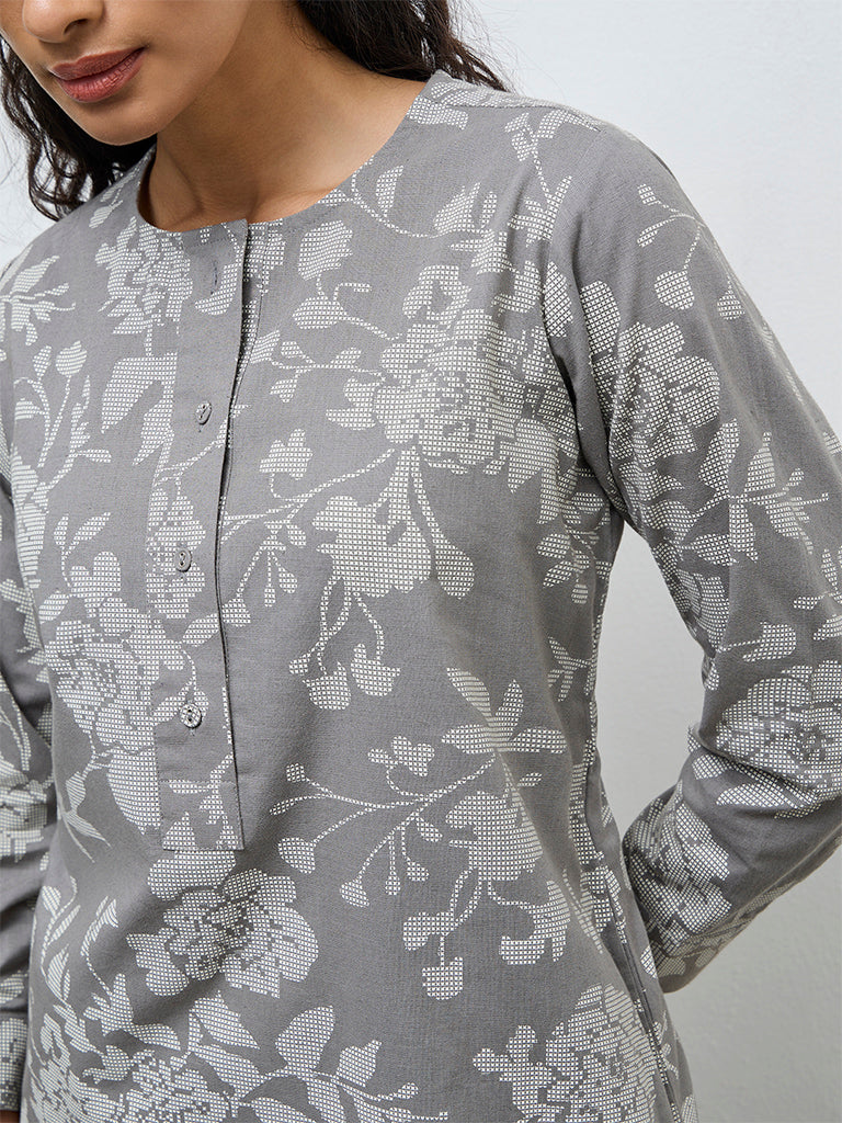 Utsa Grey Floral Cotton-Blend Straight Kurta