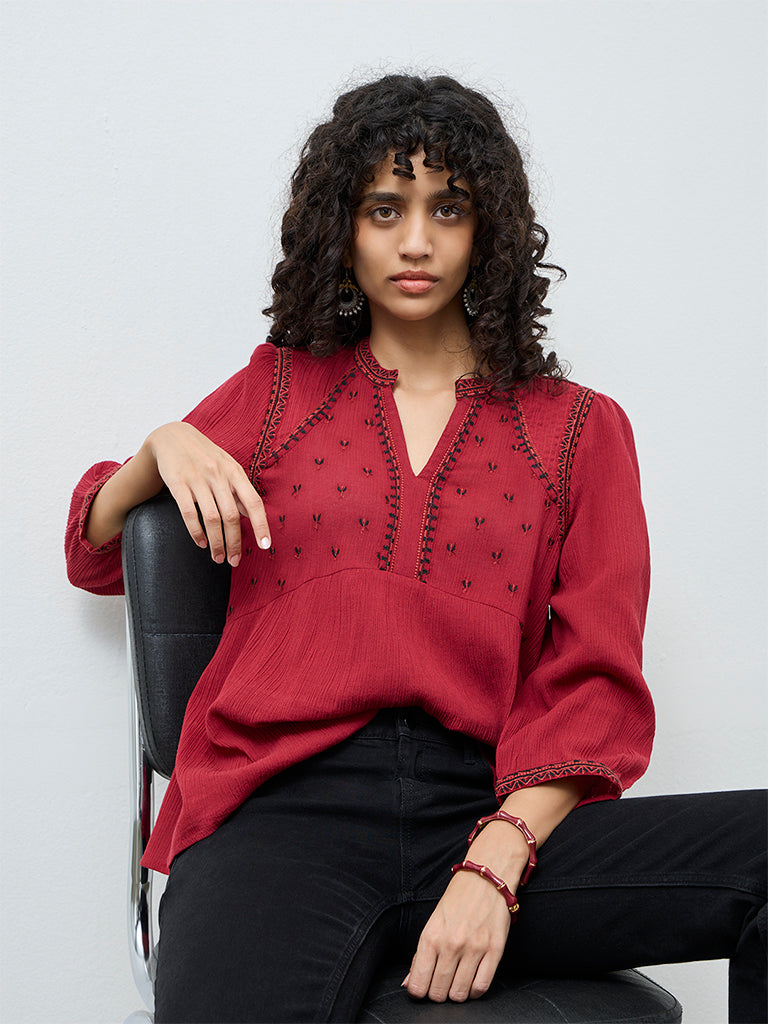 Utsa Red Crinkle Textured Embroidered Cotton Tunic