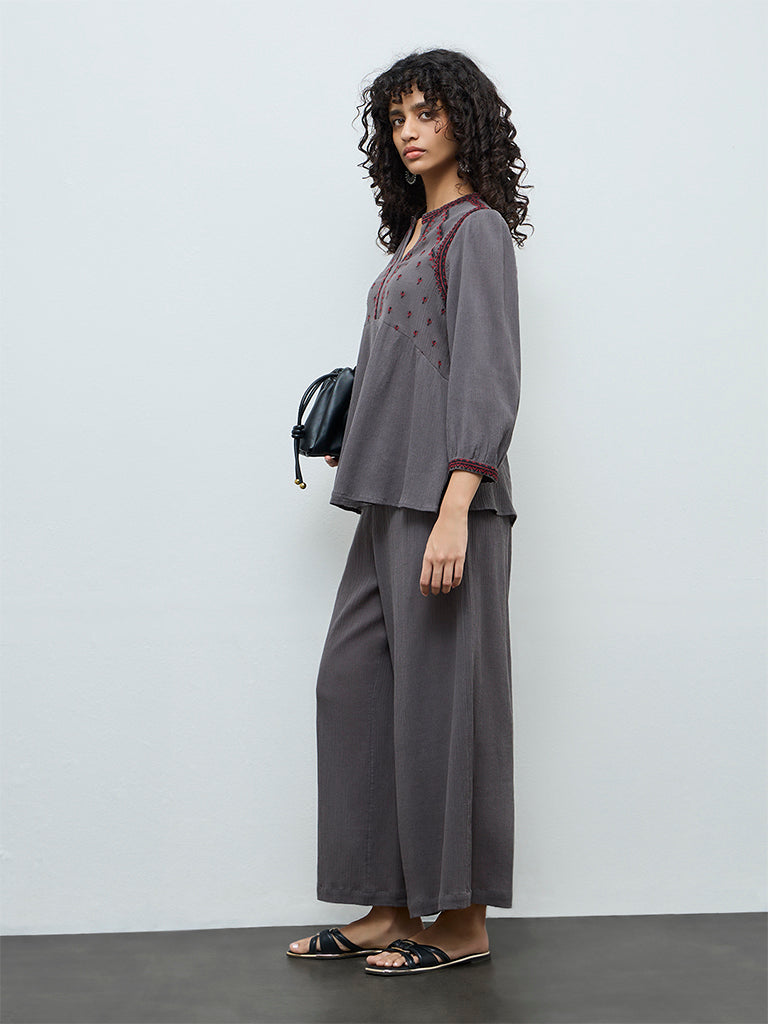 Utsa Grey Crinkle Textured Embroidered Cotton Tunic