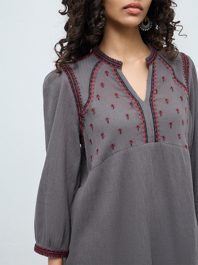 Utsa Grey Crinkle Textured Embroidered Cotton Tunic