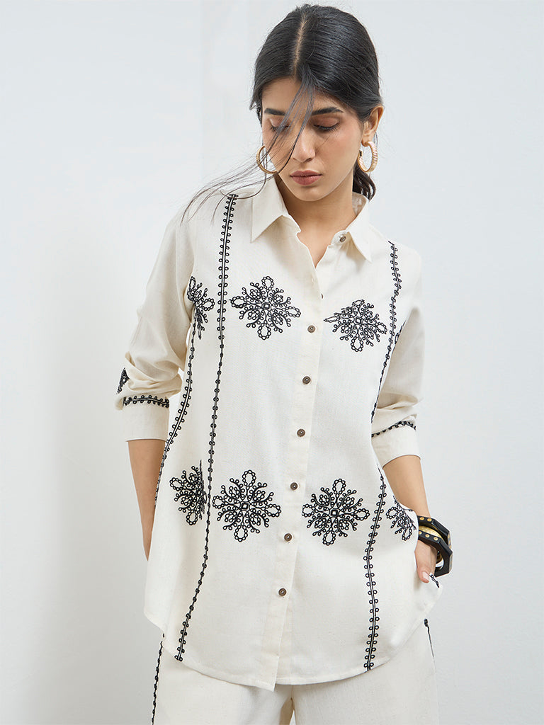 Utsa Off-White Floral Embroidered Cotton-Blend Tunic