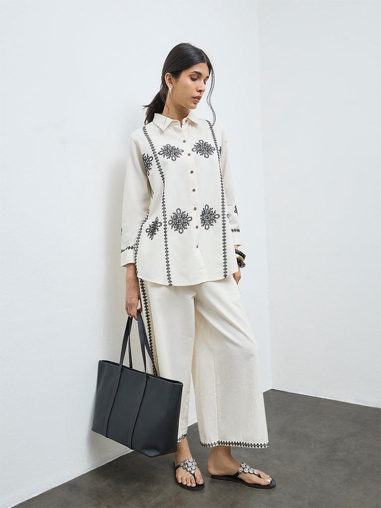 Utsa Off-White Floral Embroidered Cotton-Blend Tunic