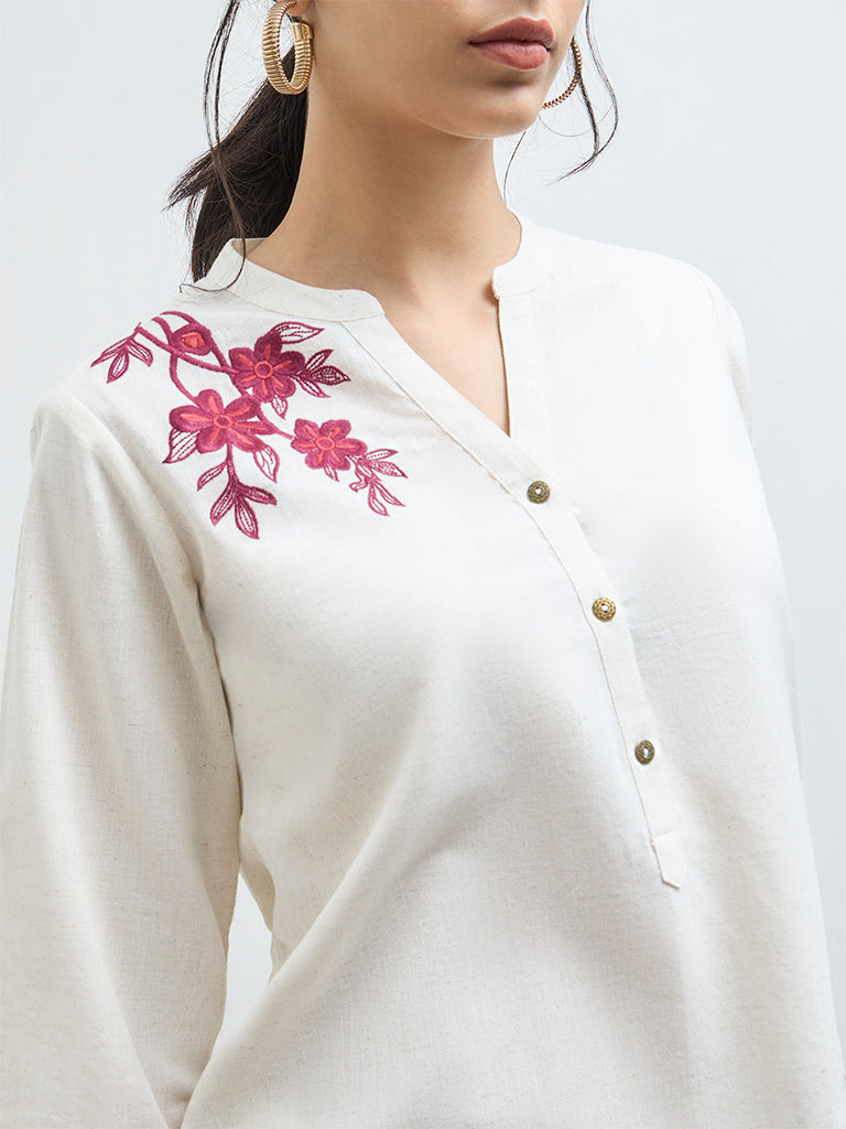 Utsa Off-White Floral Embroidered Cotton-Blend Tunic