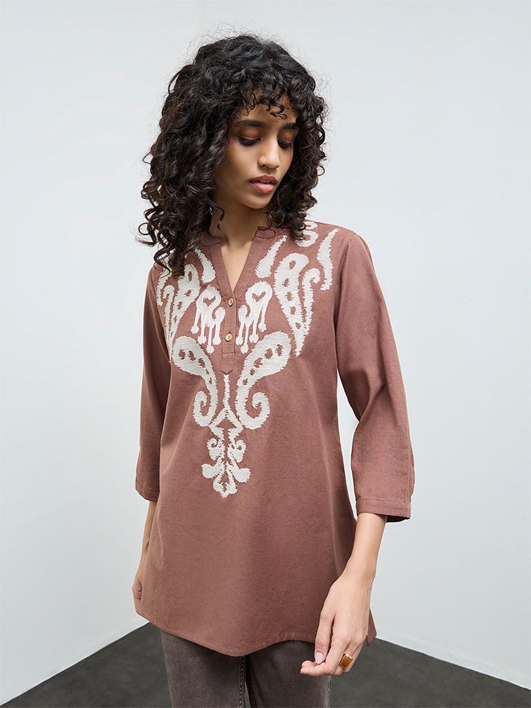 Utsa Brown Embroidered Cotton-Blend Tunic