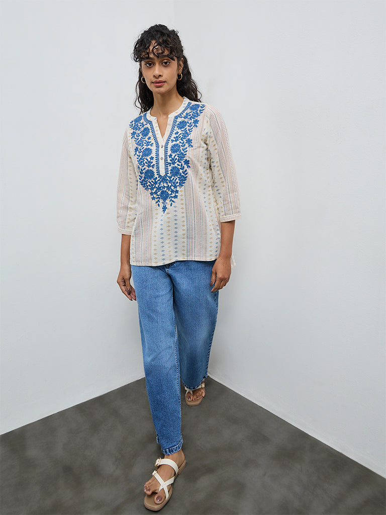 Utsa Cream Floral Embroidered Cotton-Blend Tunic