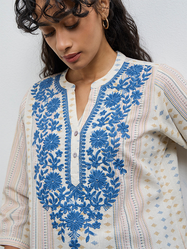 Utsa Cream Floral Embroidered Cotton-Blend Tunic