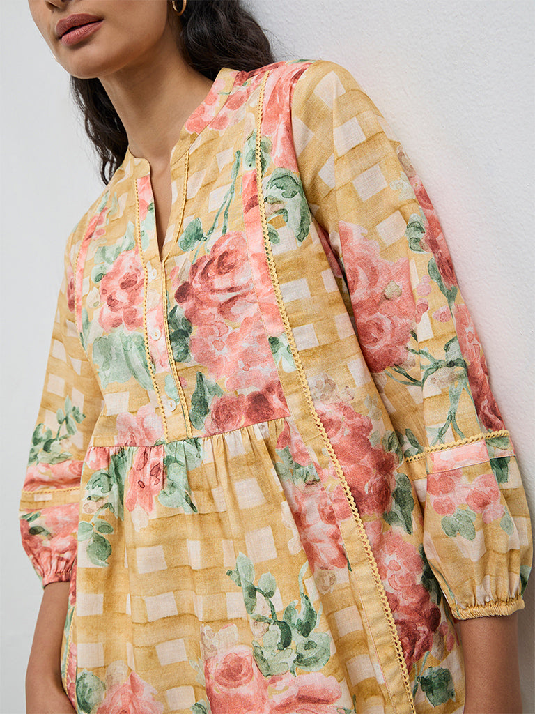 Utsa Yellow Floral Cotton Tunic