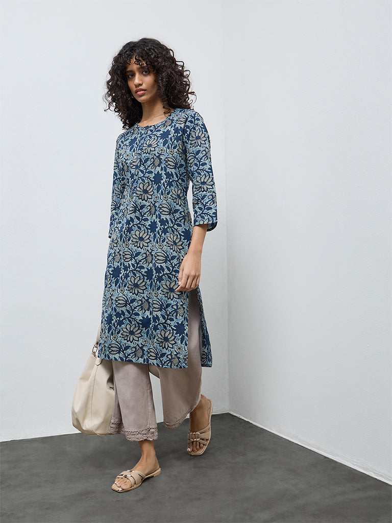 Utsa Blue Floral Design Cotton Straight Kurta