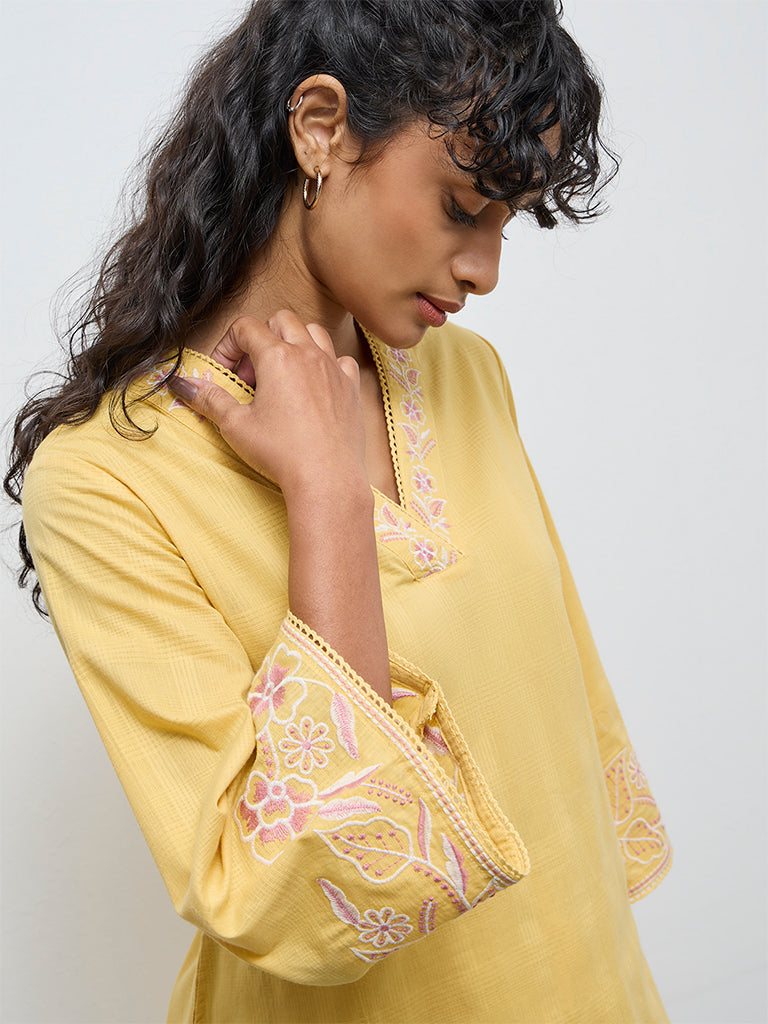 Utsa Yellow Floral Embroidered Cotton A-Line Kurta