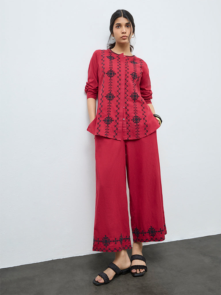 Utsa Red Floral Embroidered Cotton Pants