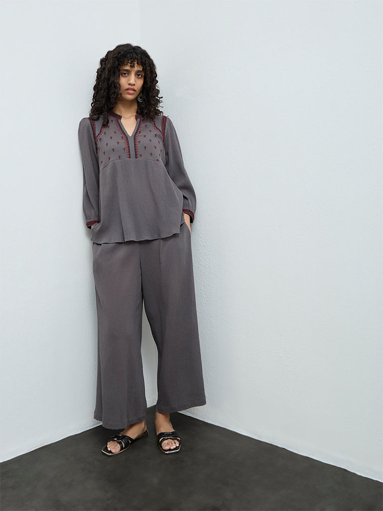 Utsa Grey Crinkle Textured Cotton Pants