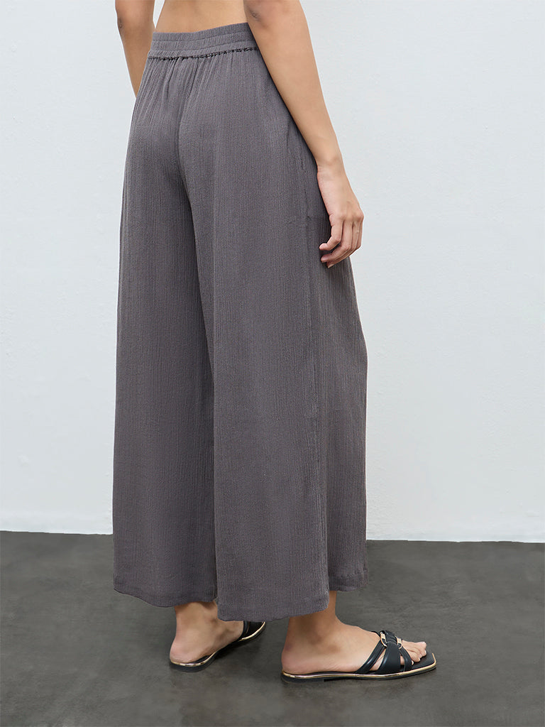 Utsa Grey Crinkle Textured Cotton Pants