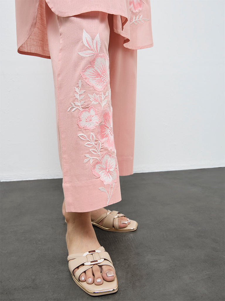 Utsa Coral Floral Embroidered Cotton Pants
