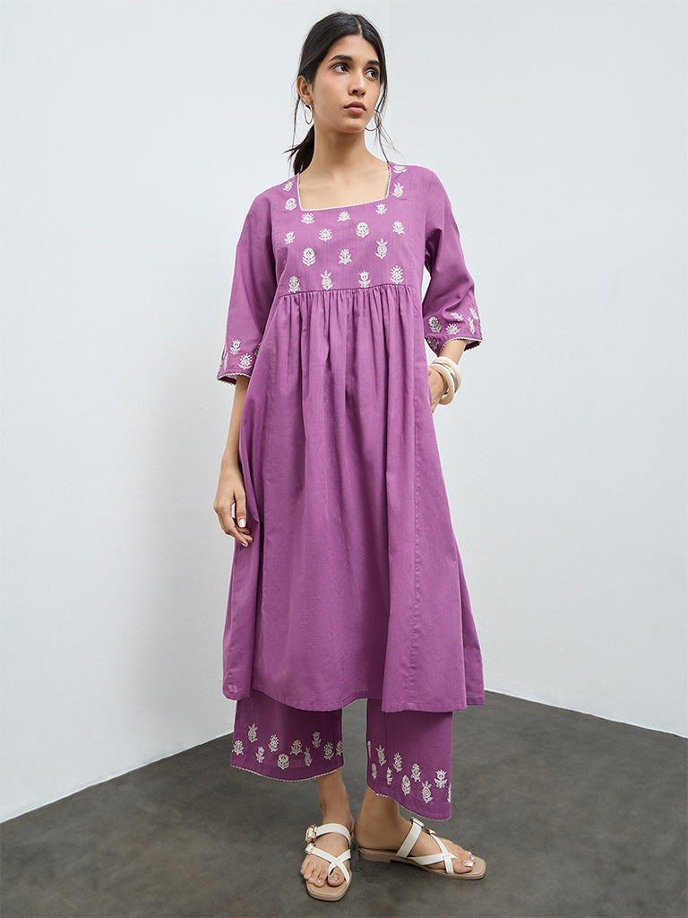 Utsa Purple Embroidered Cotton Pants
