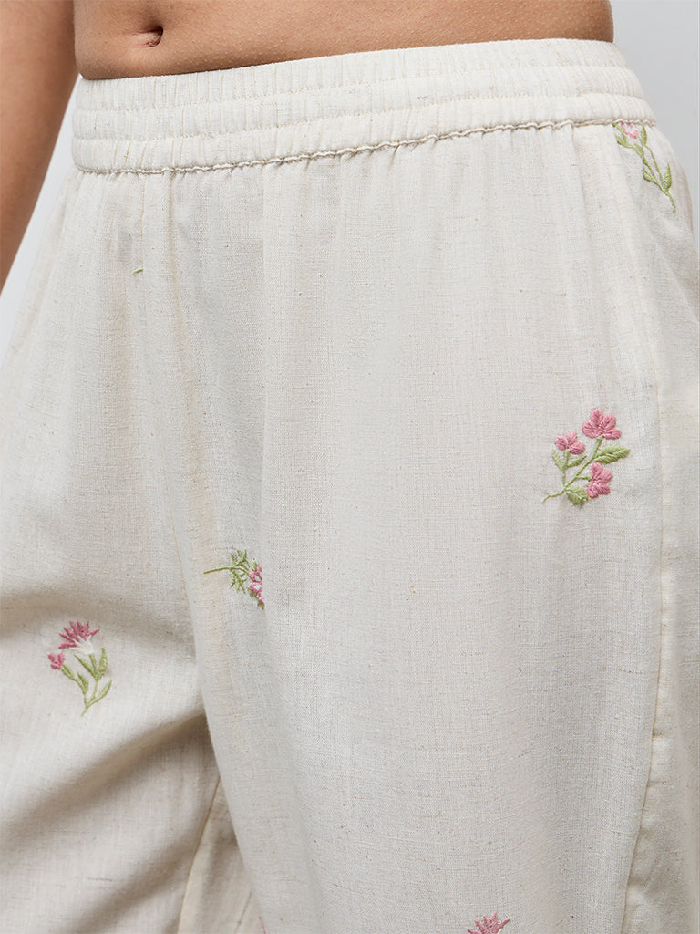 Utsa Off-White Floral Embroidered Cotton-Blend Pants