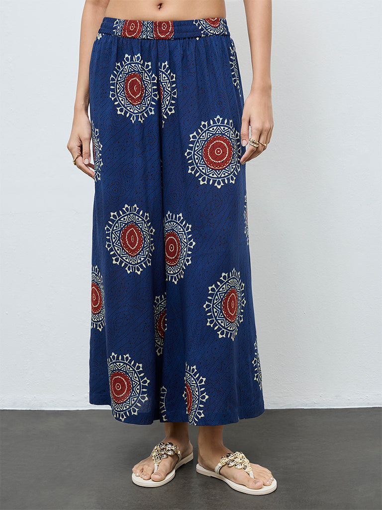 Utsa Indigo Geometric Printed Flared Palazzos