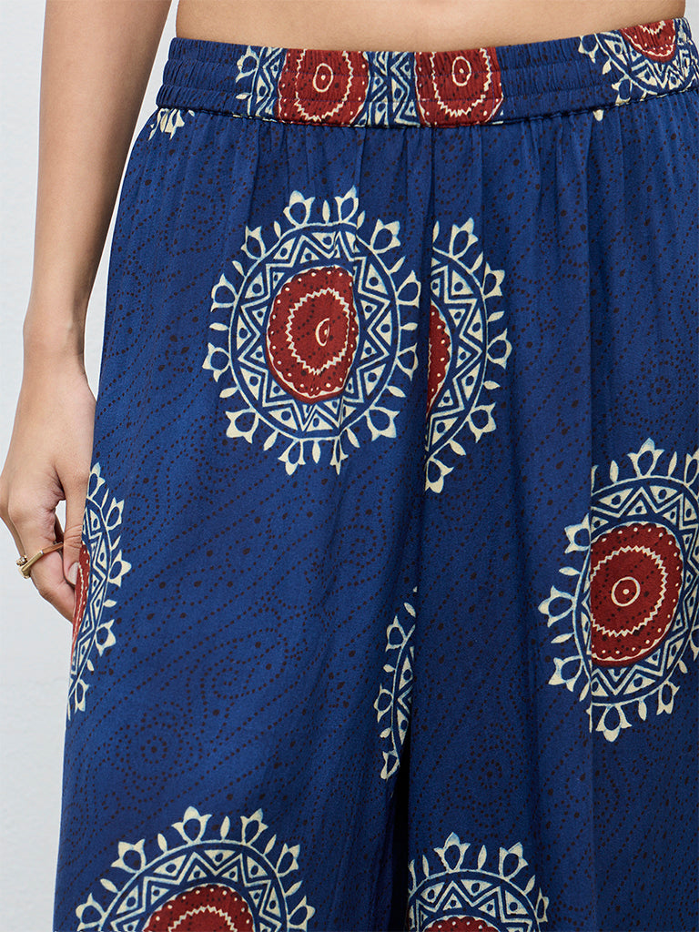 Utsa Indigo Geometric Printed Flared Palazzos