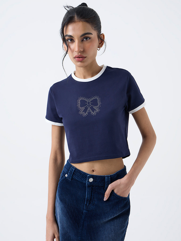 Nuon Navy Bow-Design Cotton-Blend T-Shirt