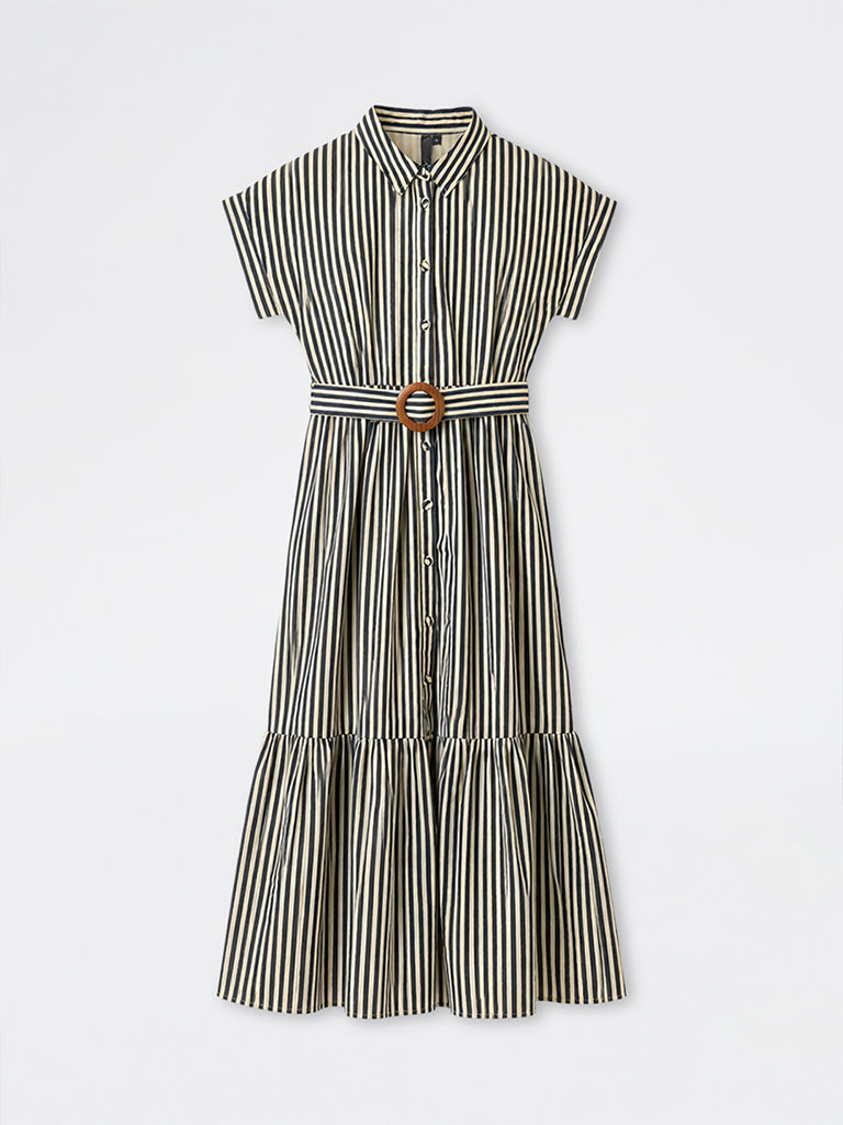 LOV Black Striped Cotton-Blend Shirt Dress with Belt