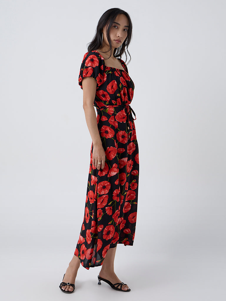 LOV Black Floral Pattern A-Line Dress