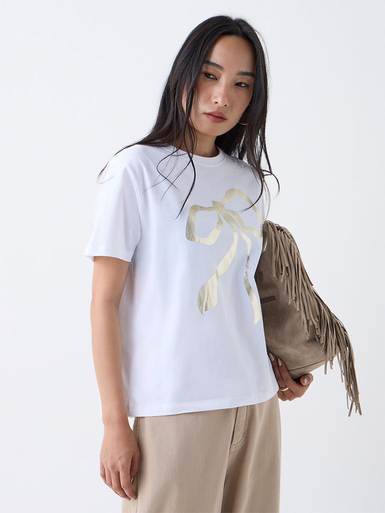 LOV White Printed Cotton T-Shirt