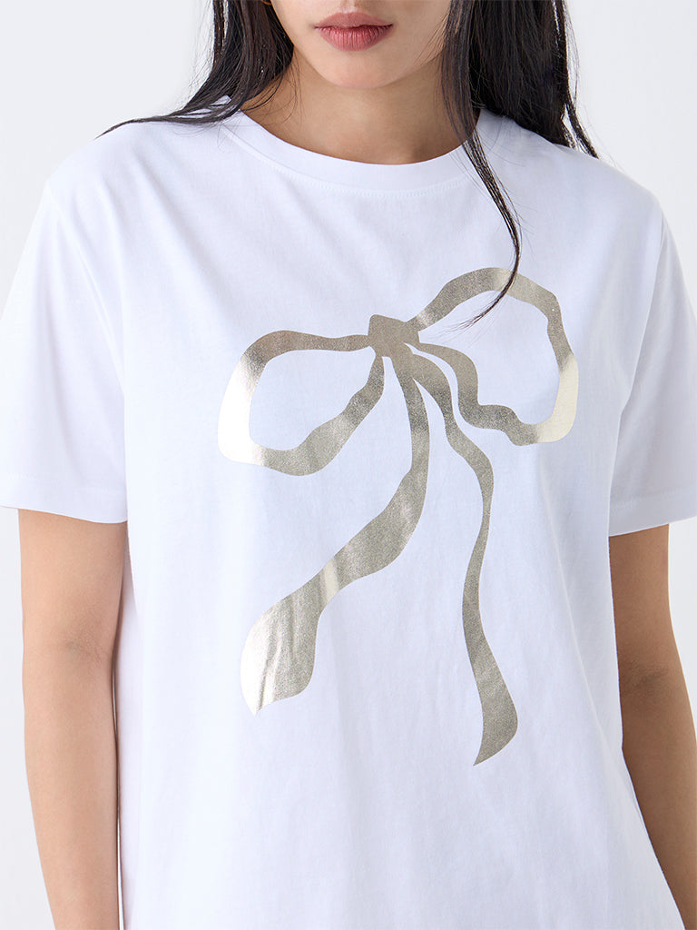 LOV White Printed Cotton T-Shirt