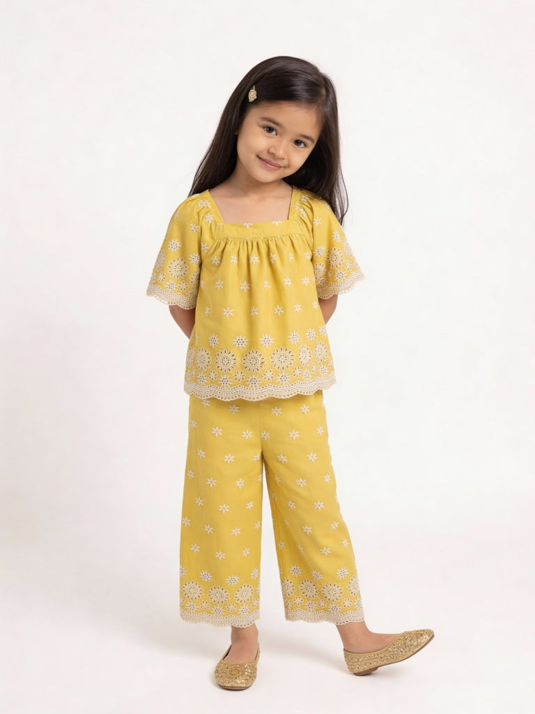 Utsa Kids Girls Yellow Floral Embroidered Cotton Ethnic Pants - (2-8yrs)