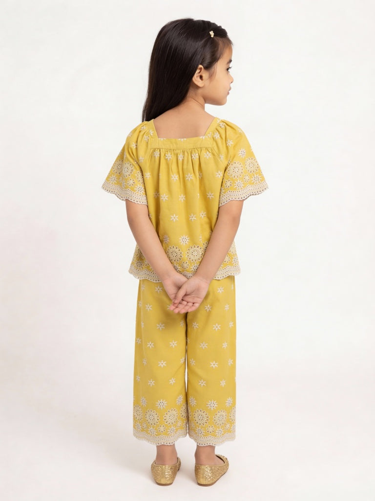 Utsa Kids Girls Yellow Floral Embroidered Cotton Ethnic Pants - (2-8yrs)