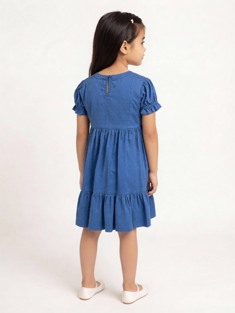 Utsa Kids Girls Indigo Floral Embroidered Flared Cotton-Blend Tiered Dress