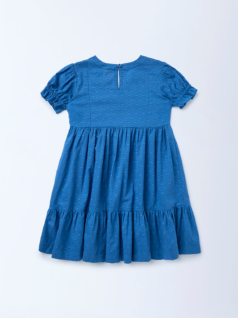 Utsa Kids Girls Indigo Floral Embroidered Flared Cotton-Blend Tiered Dress