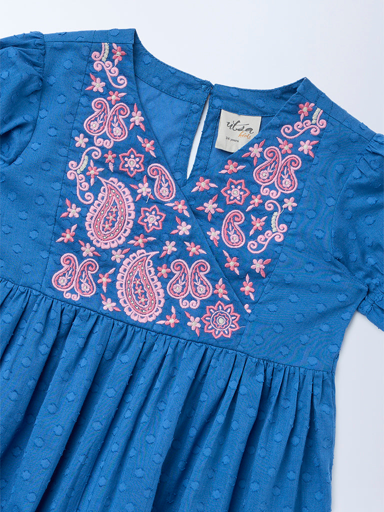 Utsa Kids Girls Indigo Floral Embroidered Flared Cotton-Blend Tiered Dress