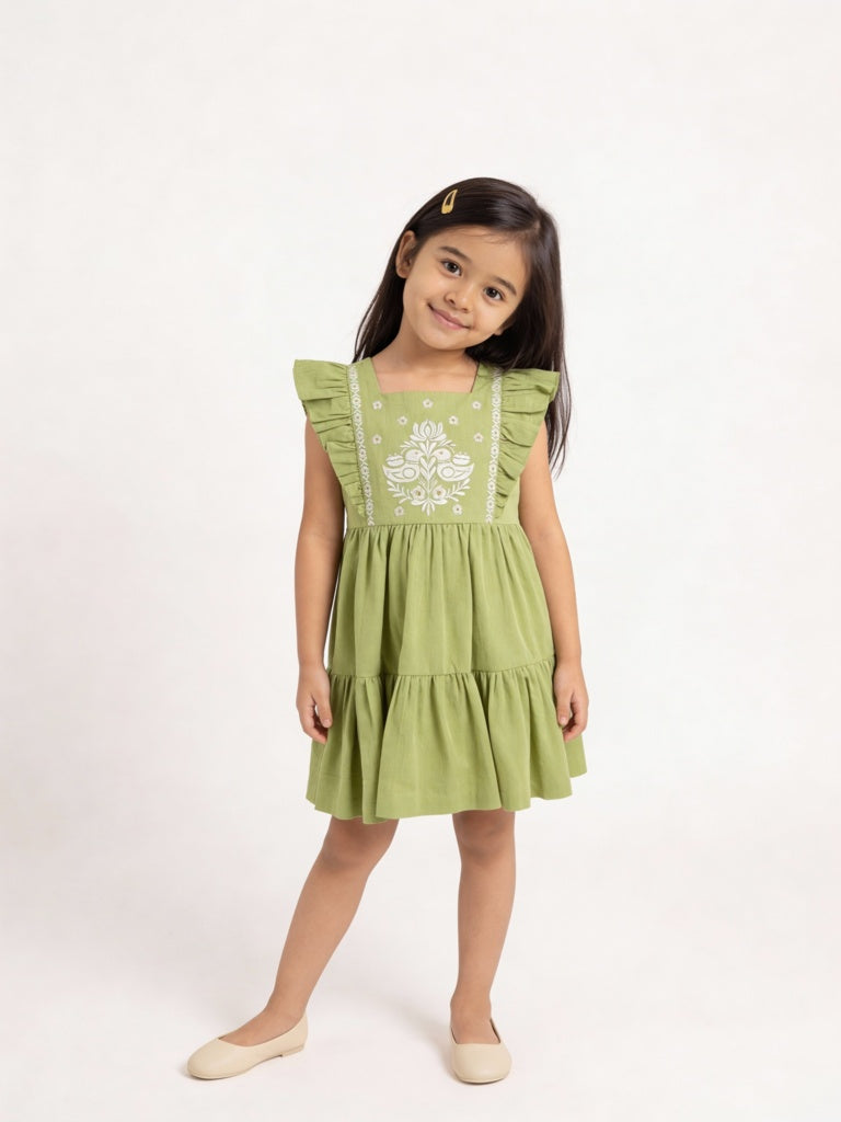 Utsa Kids Girls Mint Green Embroidered Tiered Cotton-Blend Dress - (2-8yrs)