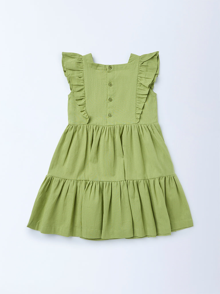 Utsa Kids Girls Mint Green Embroidered Tiered Cotton-Blend Dress - (2-8yrs)
