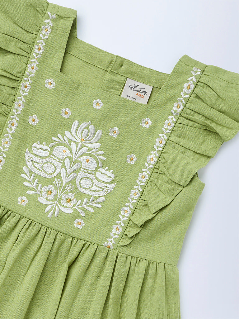 Utsa Kids Girls Mint Green Embroidered Tiered Cotton-Blend Dress - (2-8yrs)