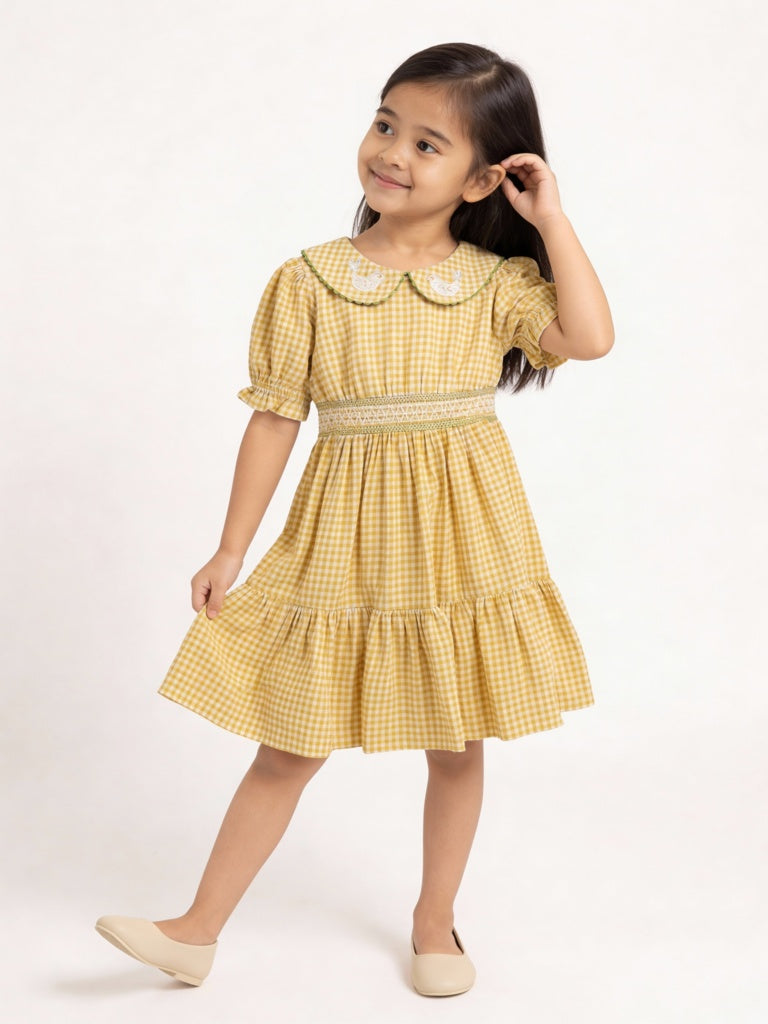 Utsa Kids Girls Yellow Check A-Line Cotton Dress - (2-8yrs)
