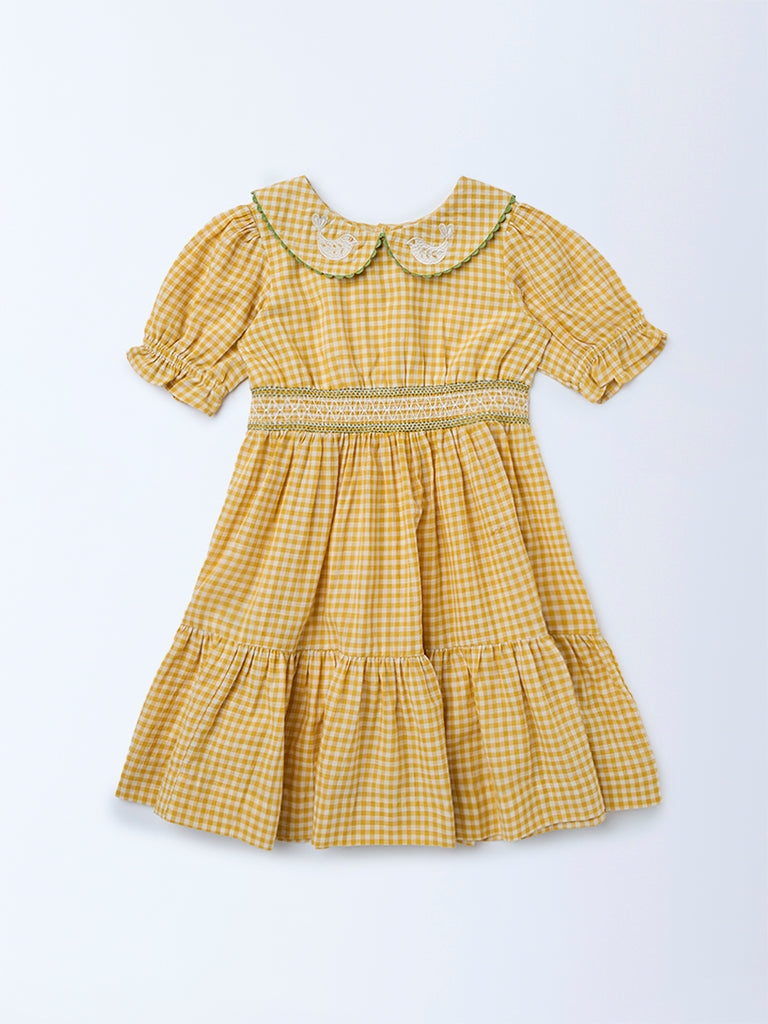 Utsa Kids Girls Yellow Check A-Line Cotton Dress - (2-8yrs)