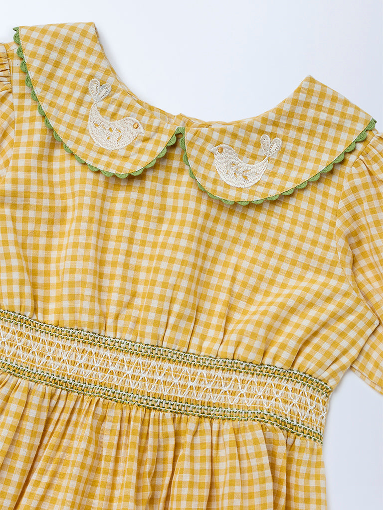 Utsa Kids Girls Yellow Check A-Line Cotton Dress - (2-8yrs)