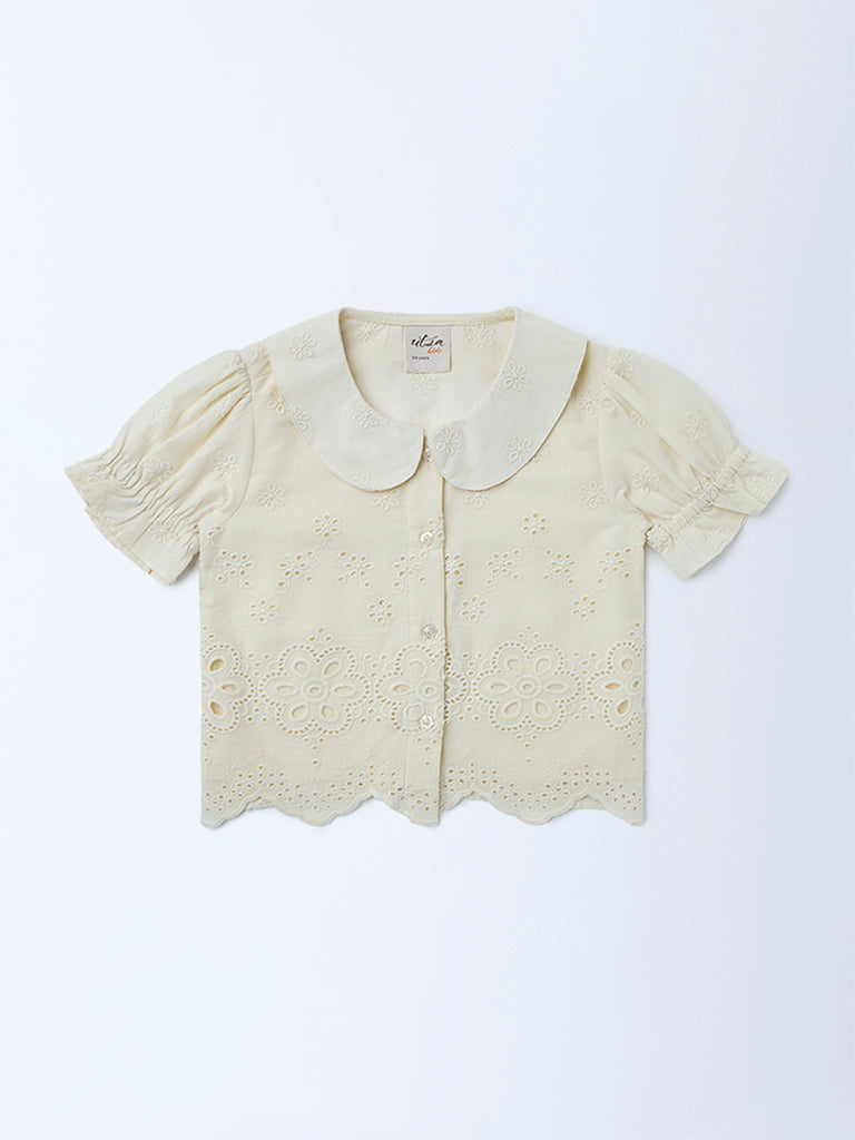 Utsa Kids Girls Off-White Schiffli Embroidered Cotton Top